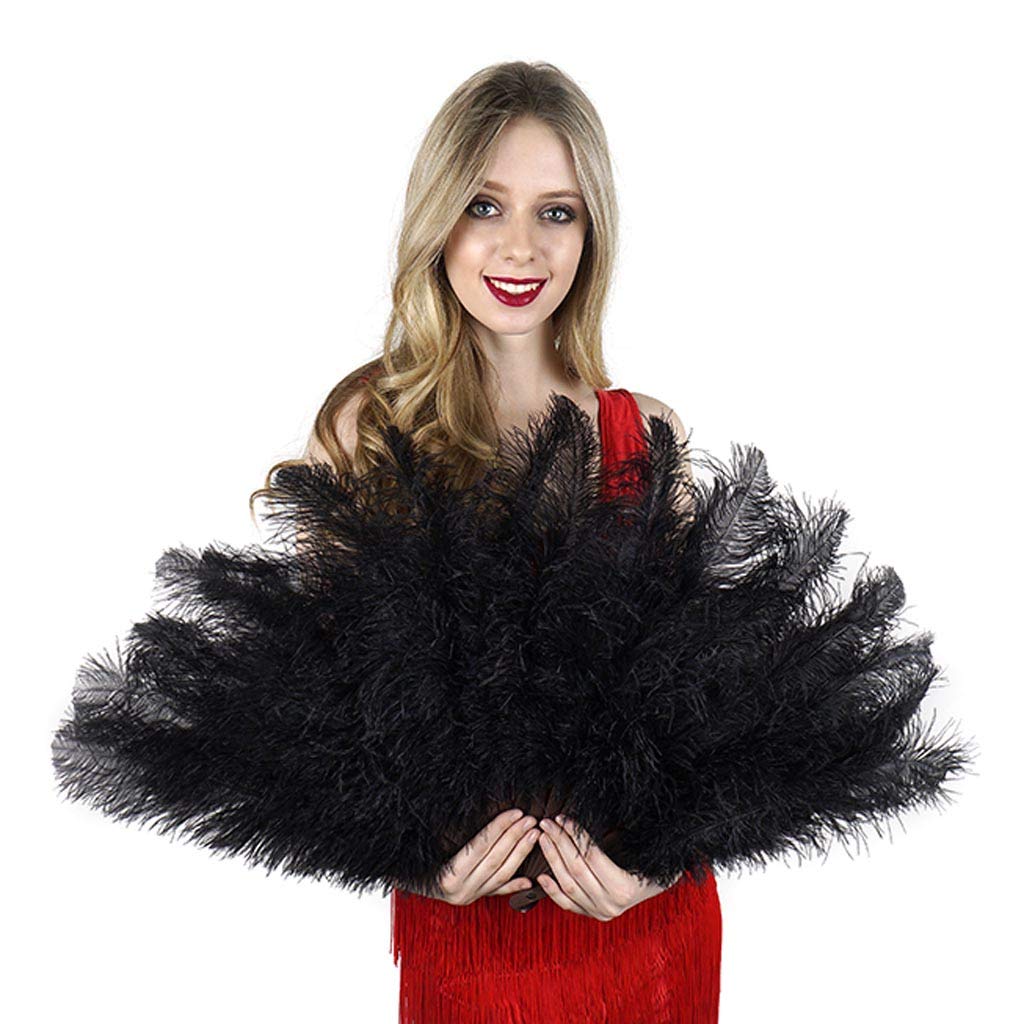 ZUCKER Large Ostrich Floss Feather Hand Fan - Flapper Folding Fan Dance, Wedding Accessory, 1920s Vintage Style Costume Party – Burlesque Showgirl Fan Dance