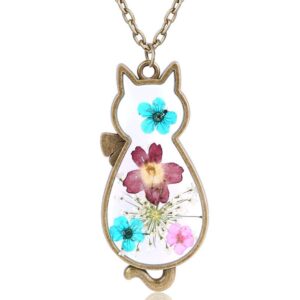 jude jewelers retro vintage cat shape dry flower charm pendant necklace (gold)