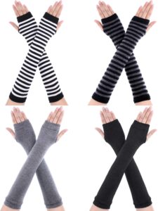 bememo 4 pairs punk gothic long fingerless gloves knitted arm warmer elbow length gloves thumb hole gloves (dark grey, light grey, striped color)