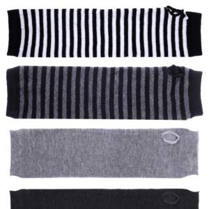 Bememo 4 Pairs Punk Gothic Long Fingerless Gloves Knitted Arm Warmer Elbow Length Gloves Thumb Hole Gloves (Dark Grey, Light Grey, Striped Color)