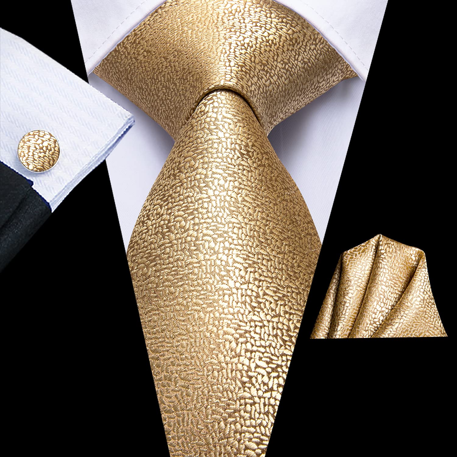 Dubulle Solid Color Mens Gold Necktie with Handkerchief Cufflinks Gold Ties Set for Men and Pocket Square Suit Ties Wedding