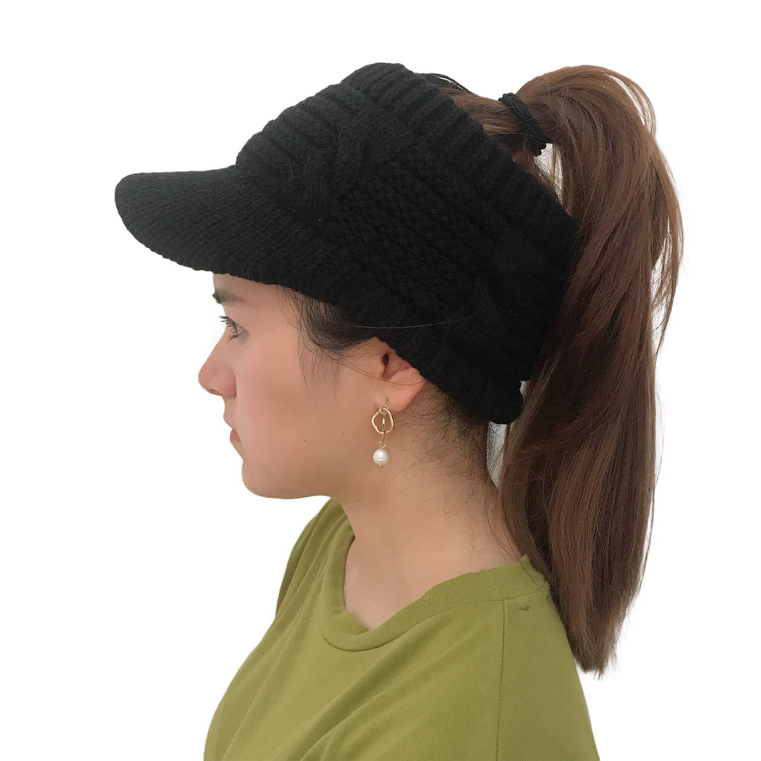 XYIYI Women's Beanie Tail Cable Winter Warm Knit Messy High Bun Ponytail Hat Visor Brim Cap (Black)