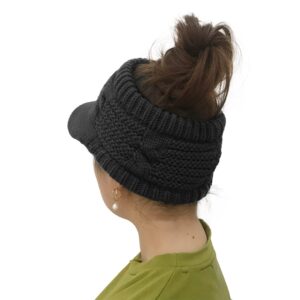 XYIYI Women's Beanie Tail Cable Winter Warm Knit Messy High Bun Ponytail Hat Visor Brim Cap (Black)