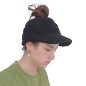 XYIYI Women's Beanie Tail Cable Winter Warm Knit Messy High Bun Ponytail Hat Visor Brim Cap (Black)