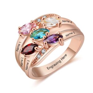 JewelOra Personalized Mothers Rings with 5 Simulated Birthstones Family Promise Rings for Her Engraved 5 Names (Rose Gold, 9)