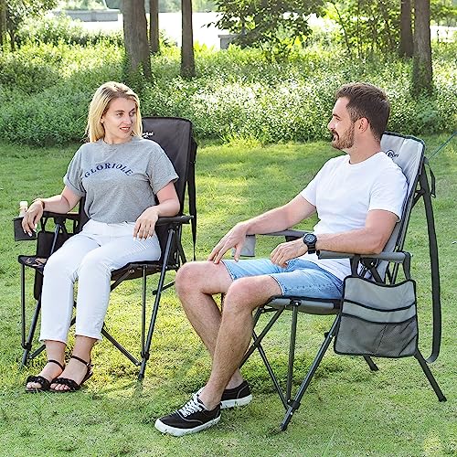 PORTAL Oversized Folding High Back Lawn Chairs Portable for Adults Outside Hard Armrest Cup Holder Carrying Strap for Camp Soccer Sports, Supports 400LBS, Black