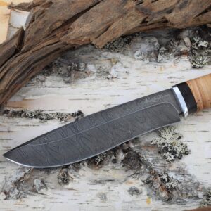 Hunting Knife - Damascus Knife - Birchbark Handle - SIBERIAN - Fixed Blade Knife