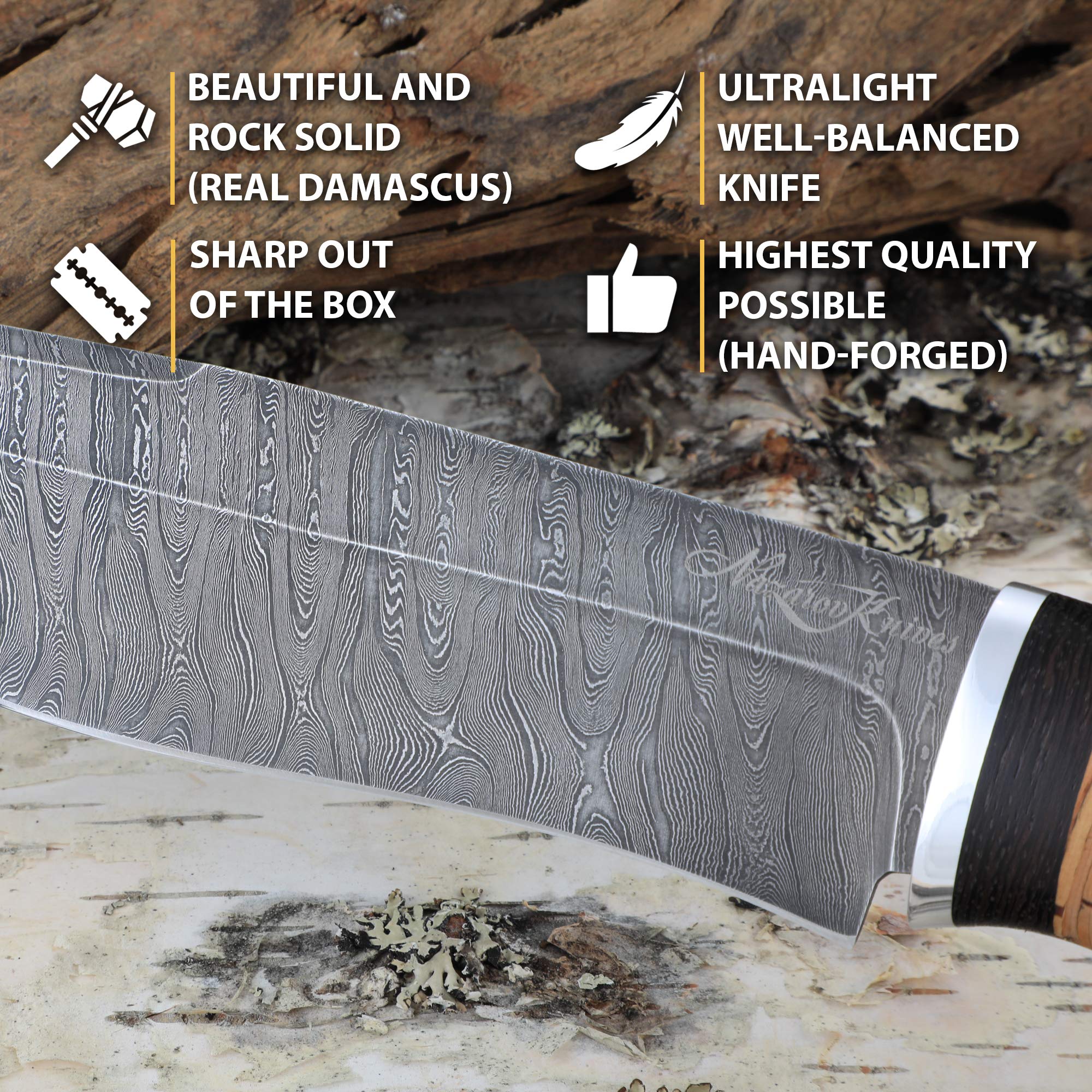 Hunting Knife - Damascus Knife - Birchbark Handle - SIBERIAN - Fixed Blade Knife