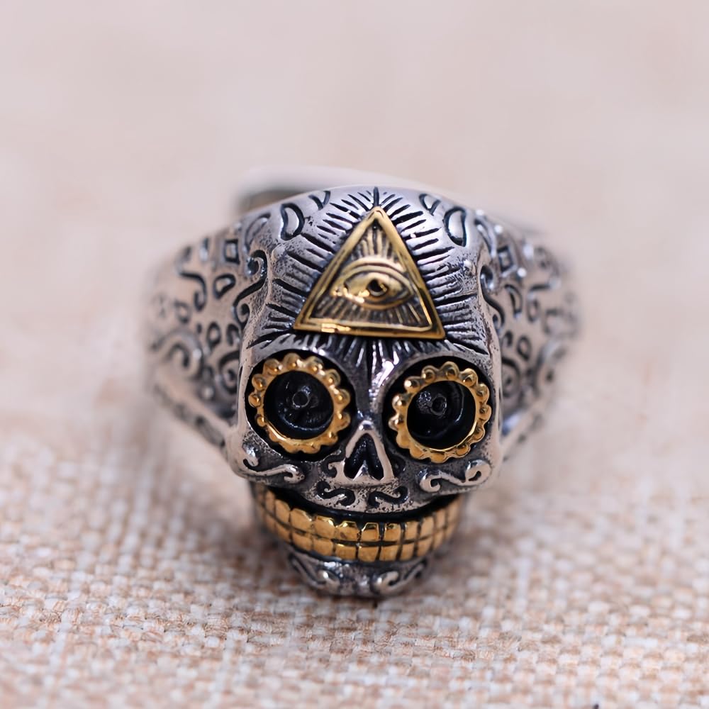 Gothic 925 Sterling Silver Freemason Masonic Skull Ring Golden All Seeing Eye for Men Women Open and Adjustable