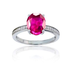 DECADENCE Sterling Silver Rhodium 1mm Round Created White Sapphire Channel Set & 10x8 Oval Created Ruby Engagement Ring