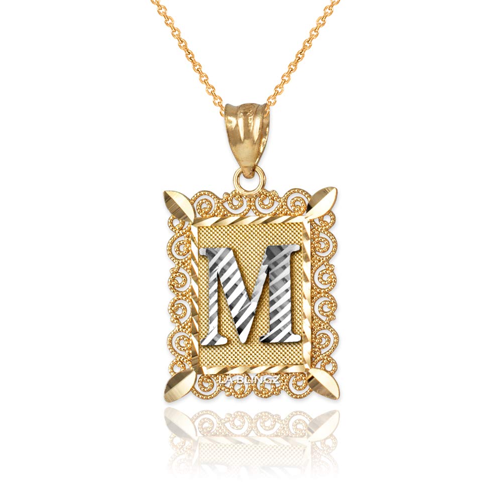 LA BLINGZ 14K Yellow Gold Filigree Alphabet Initial Letter M DC Pendant Necklace (16" Necklace)