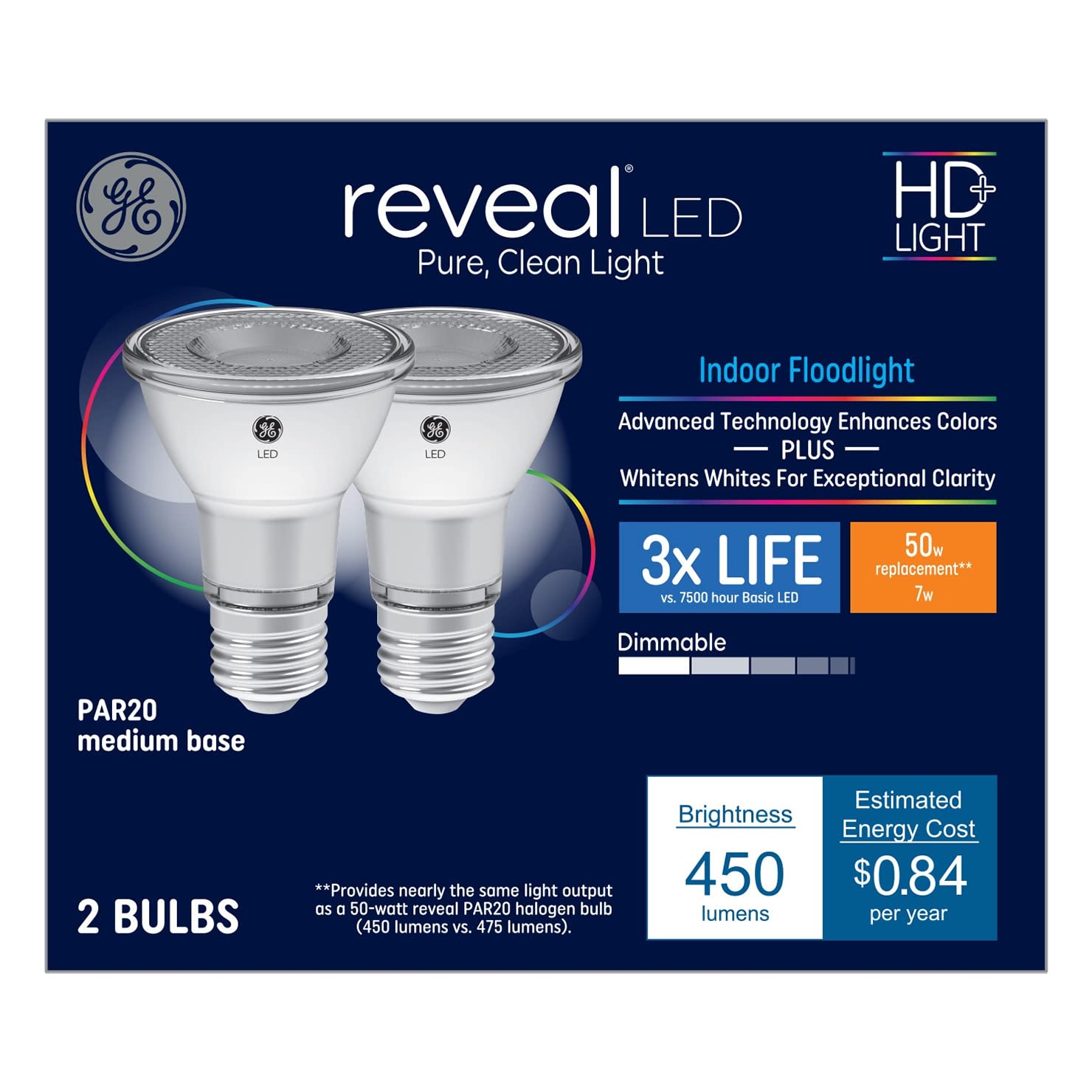 GE Reveal 2-Pack 50 W Equivalent Dimmable Color-Enhancing Par20 LED Light Fixture Light Bulbs