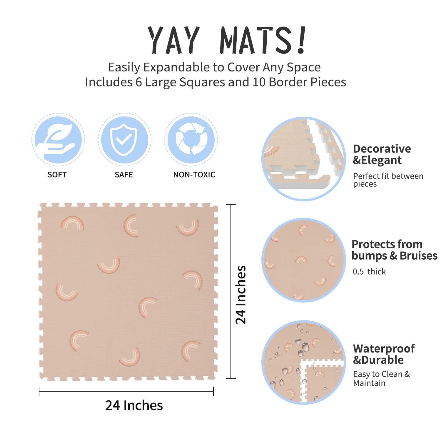 Yay Mats Stylish Extra Large Baby Play Mat. Soft, Thick, Non-Toxic Foam Covers 6 ft x 4 ft. Expandable Tiles with Edges Infants and Kids Playmat Tummy Time Mat (Emery Rainbow)