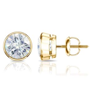 diamond wish 1 carat moissanite round stud earrings in 14k yellow gold (j-k, 5 mm, tgw) bezel set screw back