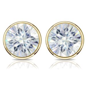 Diamond Wish 1 Carat Moissanite Round Stud Earrings in 14k Yellow Gold (J-K, 5 mm, TGW) Bezel Set Screw Back