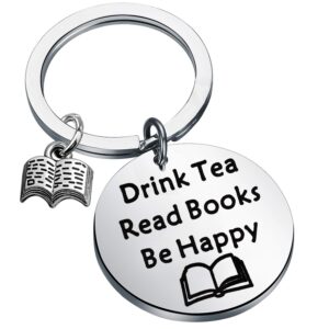 FEELMEM Tea Lovers Gift Drink Tea Read Books Keychain Tea Party Gift Literature Book Lovers Jewelry Gift for Readers, Bookworm, Book Club (silver)