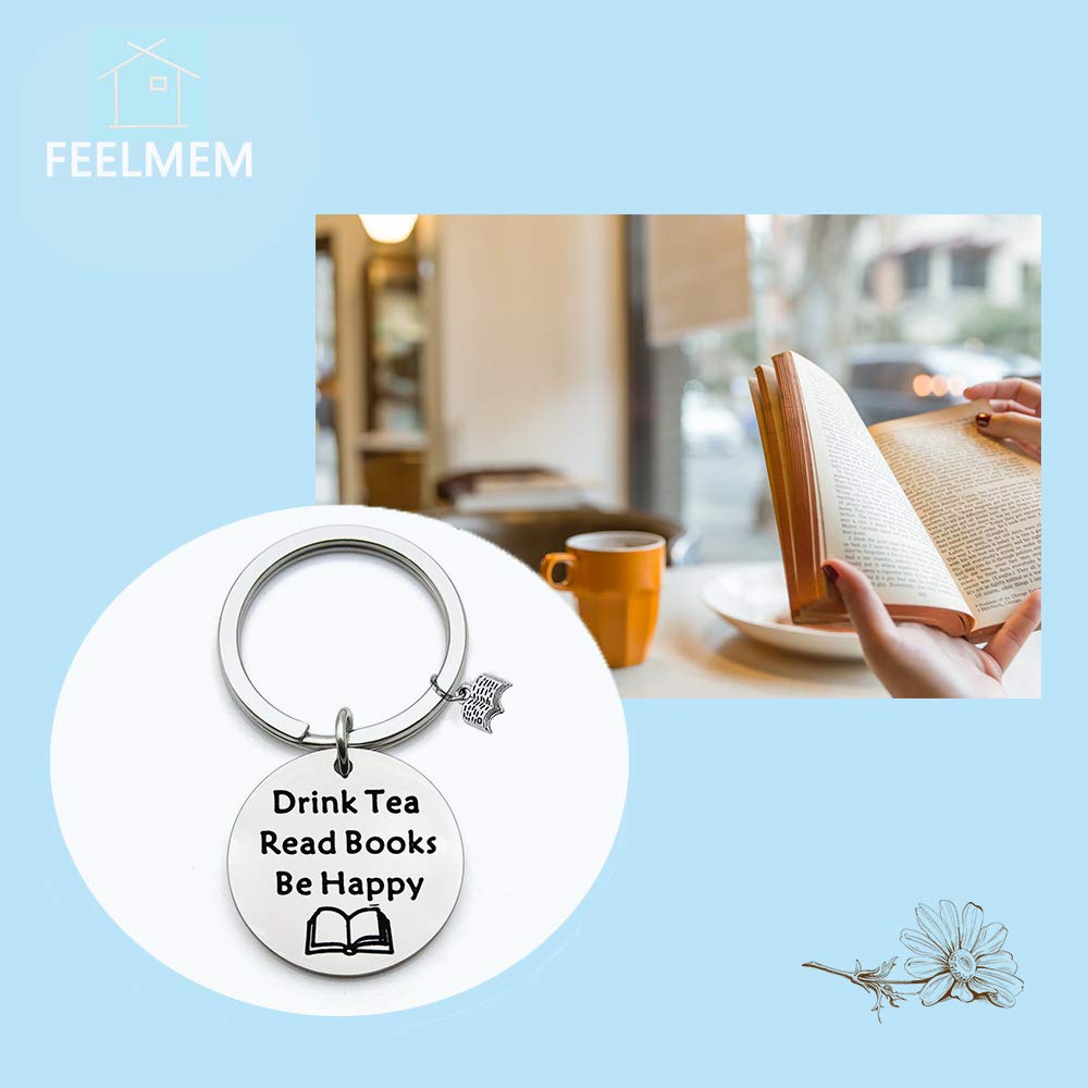 FEELMEM Tea Lovers Gift Drink Tea Read Books Keychain Tea Party Gift Literature Book Lovers Jewelry Gift for Readers, Bookworm, Book Club (silver)