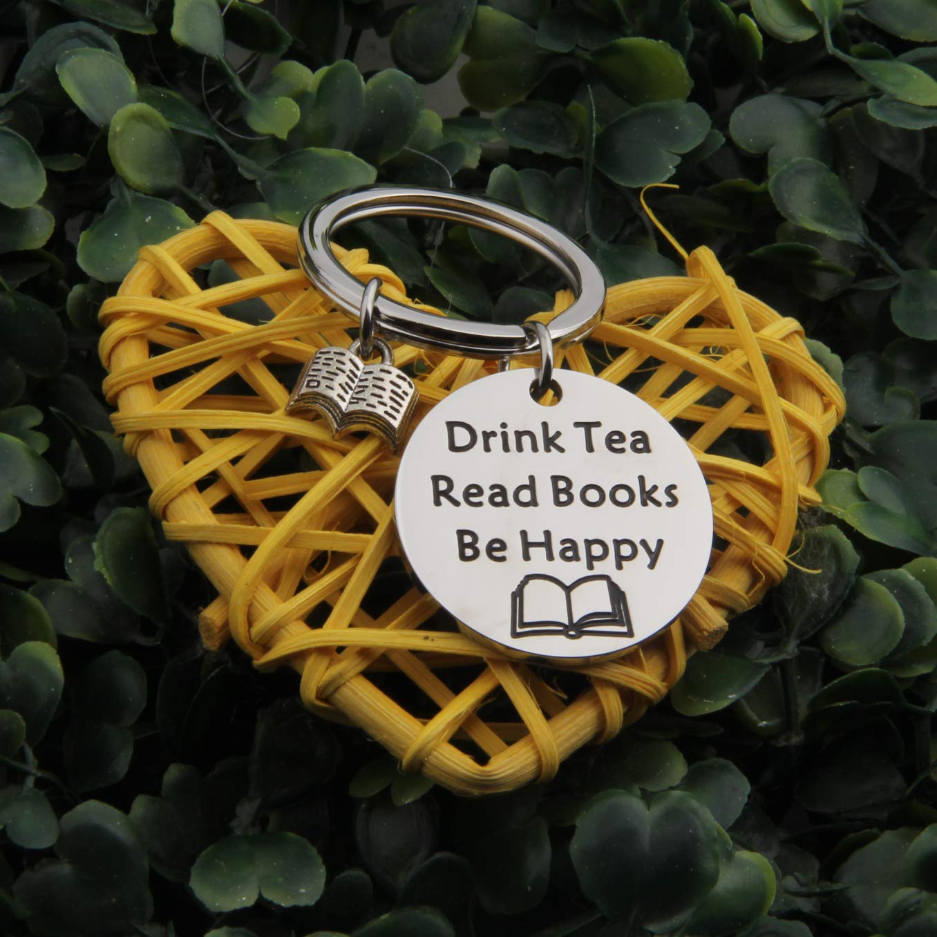 FEELMEM Tea Lovers Gift Drink Tea Read Books Keychain Tea Party Gift Literature Book Lovers Jewelry Gift for Readers, Bookworm, Book Club (silver)