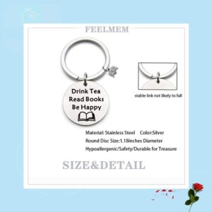 FEELMEM Tea Lovers Gift Drink Tea Read Books Keychain Tea Party Gift Literature Book Lovers Jewelry Gift for Readers, Bookworm, Book Club (silver)