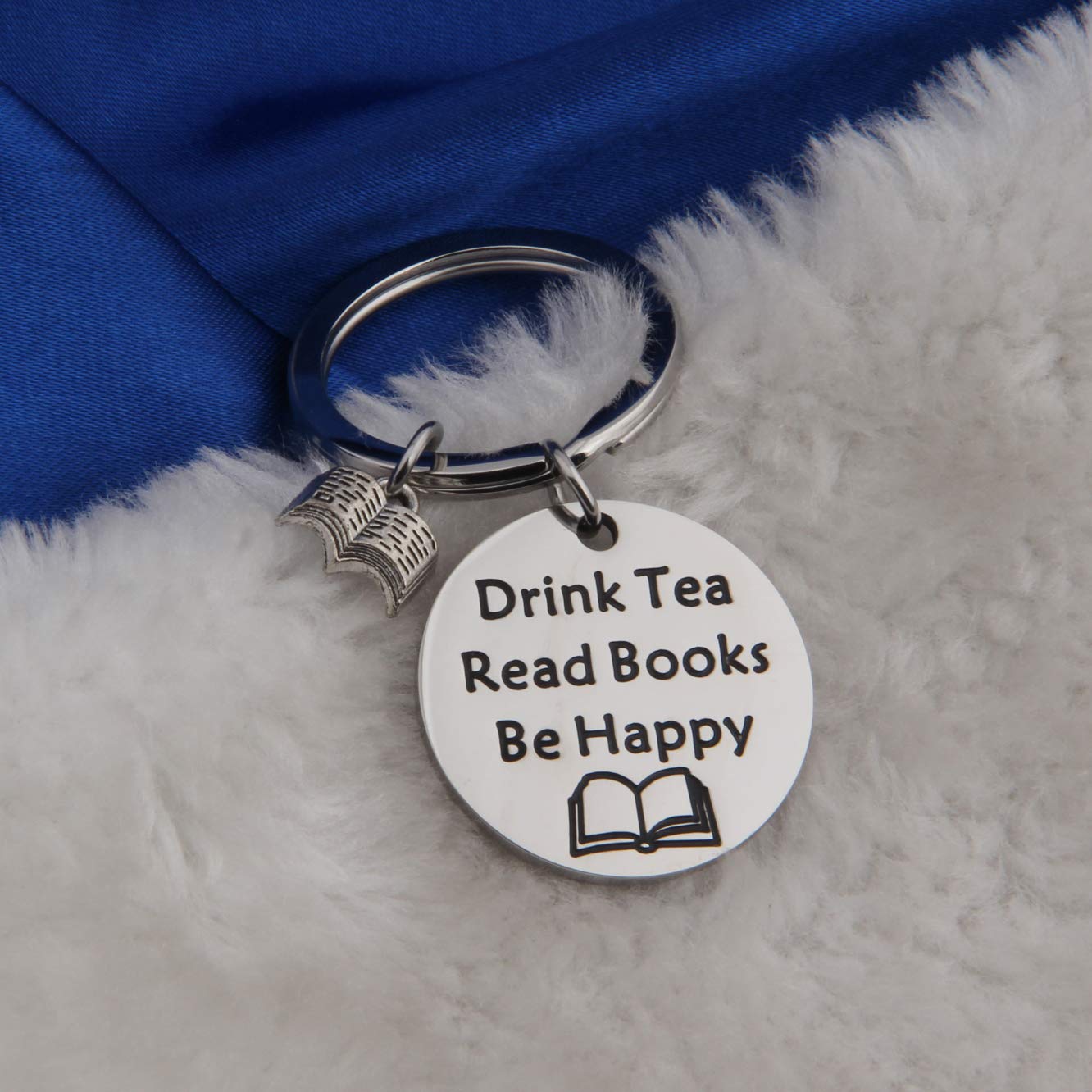 FEELMEM Tea Lovers Gift Drink Tea Read Books Keychain Tea Party Gift Literature Book Lovers Jewelry Gift for Readers, Bookworm, Book Club (silver)