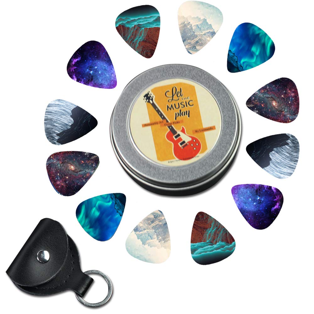 Guitar Picks - Cheliz 12 Medium Gauge Celluloid Guitar Picks In a Box W/Picks Holder. Unique Guitar Gift For Bass, Electric & Acoustic Guitars (Natural Image)