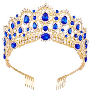 Tiara,Vofler Gold Crown Baroque Vintage Headband Crystal Blue Rhinestone Sapphire Hair Jewelry for Women Queen Ladies Girl Bride Princess Birthday Wedding Pageant Halloween Costume Party with Combs