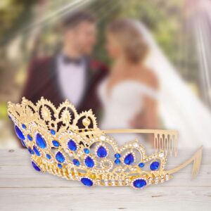 Tiara,Vofler Gold Crown Baroque Vintage Headband Crystal Blue Rhinestone Sapphire Hair Jewelry for Women Queen Ladies Girl Bride Princess Birthday Wedding Pageant Halloween Costume Party with Combs