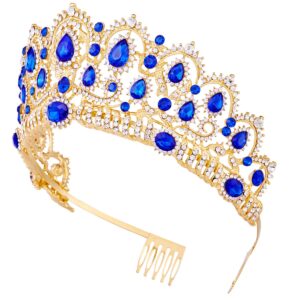 Tiara,Vofler Gold Crown Baroque Vintage Headband Crystal Blue Rhinestone Sapphire Hair Jewelry for Women Queen Ladies Girl Bride Princess Birthday Wedding Pageant Halloween Costume Party with Combs