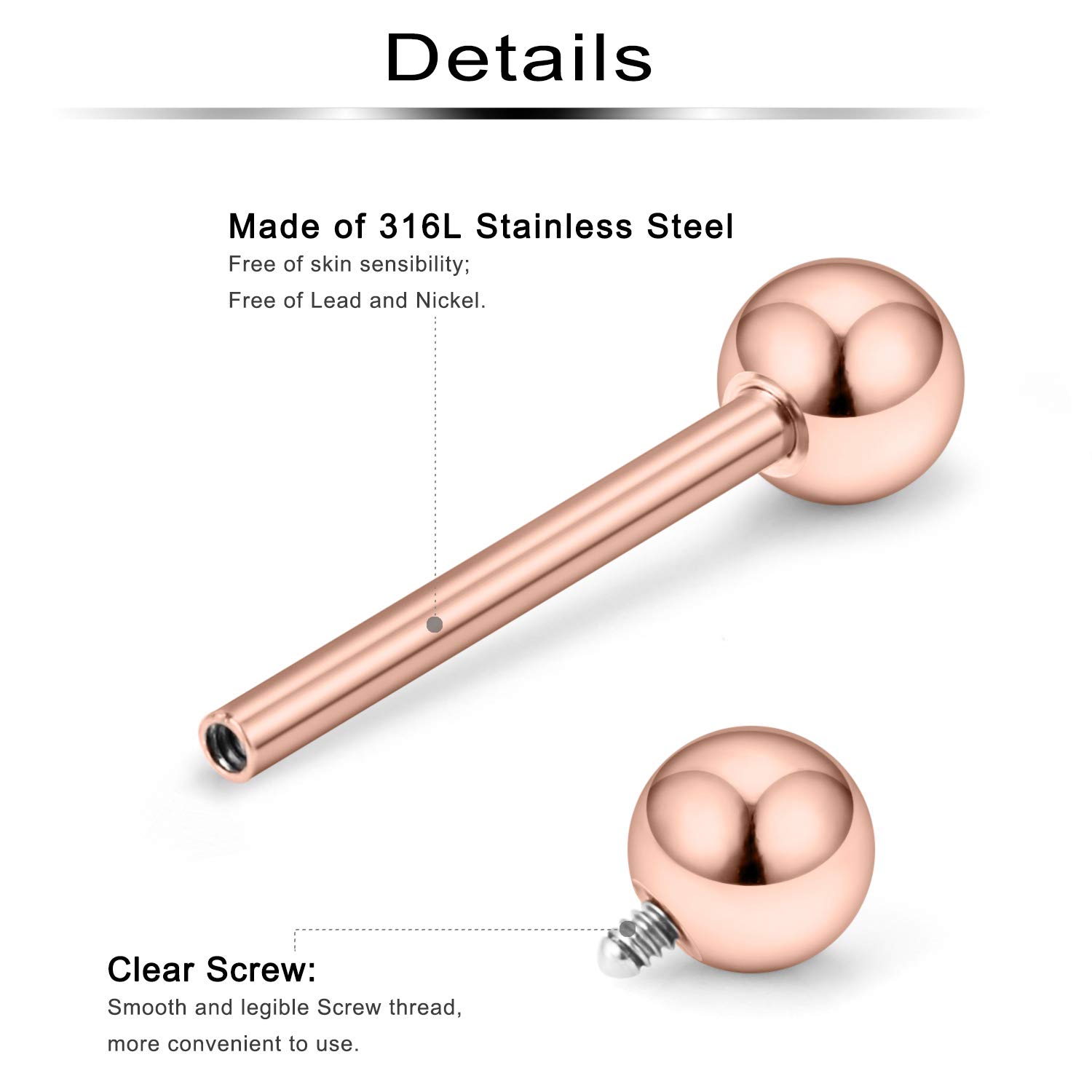 Ftovosyo 2PCS 14G 316L Stainless Steel Internally Threaded Tongue Nipple Shield Barbell Ring Bar Body Piercing Jewelry Retainer 16mm Rose Gold