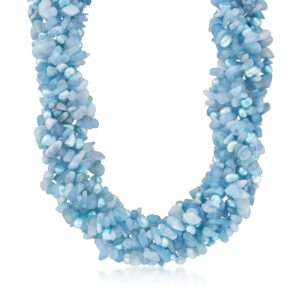 Ross-Simons 5-6mm Blue Cultured Pearl and 850.00 ct. t.w. Aquamarine Bead Torsade Necklace With Sterling Silver. 18 inches