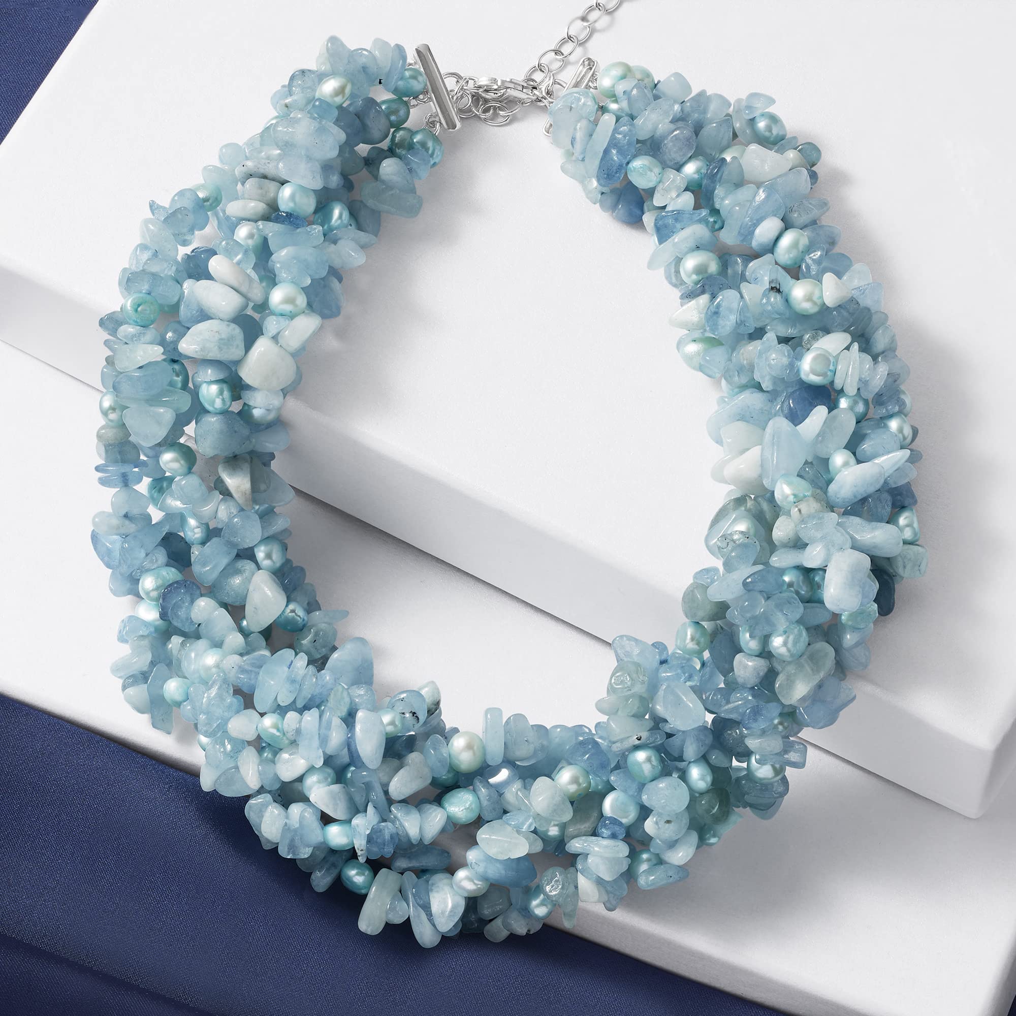 Ross-Simons 5-6mm Blue Cultured Pearl and 850.00 ct. t.w. Aquamarine Bead Torsade Necklace With Sterling Silver. 18 inches