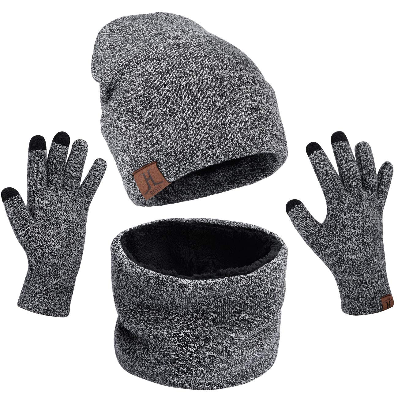 MAYLISACC Knit Beanie Hats Scarf and Touchscreen Gloves 3 Pcs Winter Set Fleece Lined for Men Women Cold Weather Grey