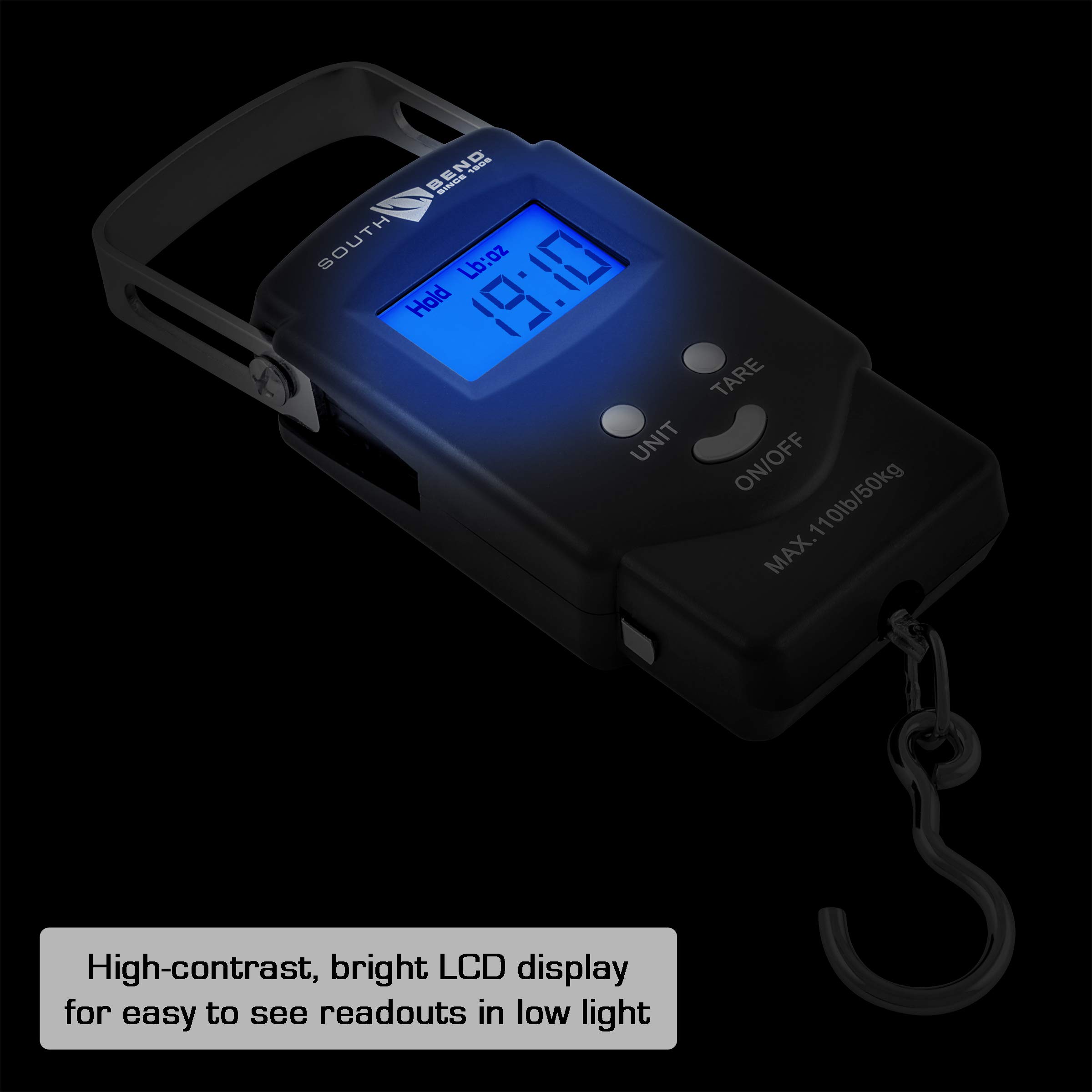 South Bend Digital Hanging Fishing Scale and Tape Measure with Backlit LCD Display, 110lb/50kg Weight Capacity (Batteries Included)