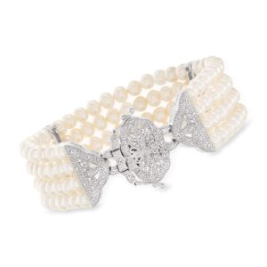 Ross-Simons 4.5-5mm Cultured Pearl and .15 ct. t.w. Diamond Multi-Strand Bracelet in Sterling Silver. 7 inches