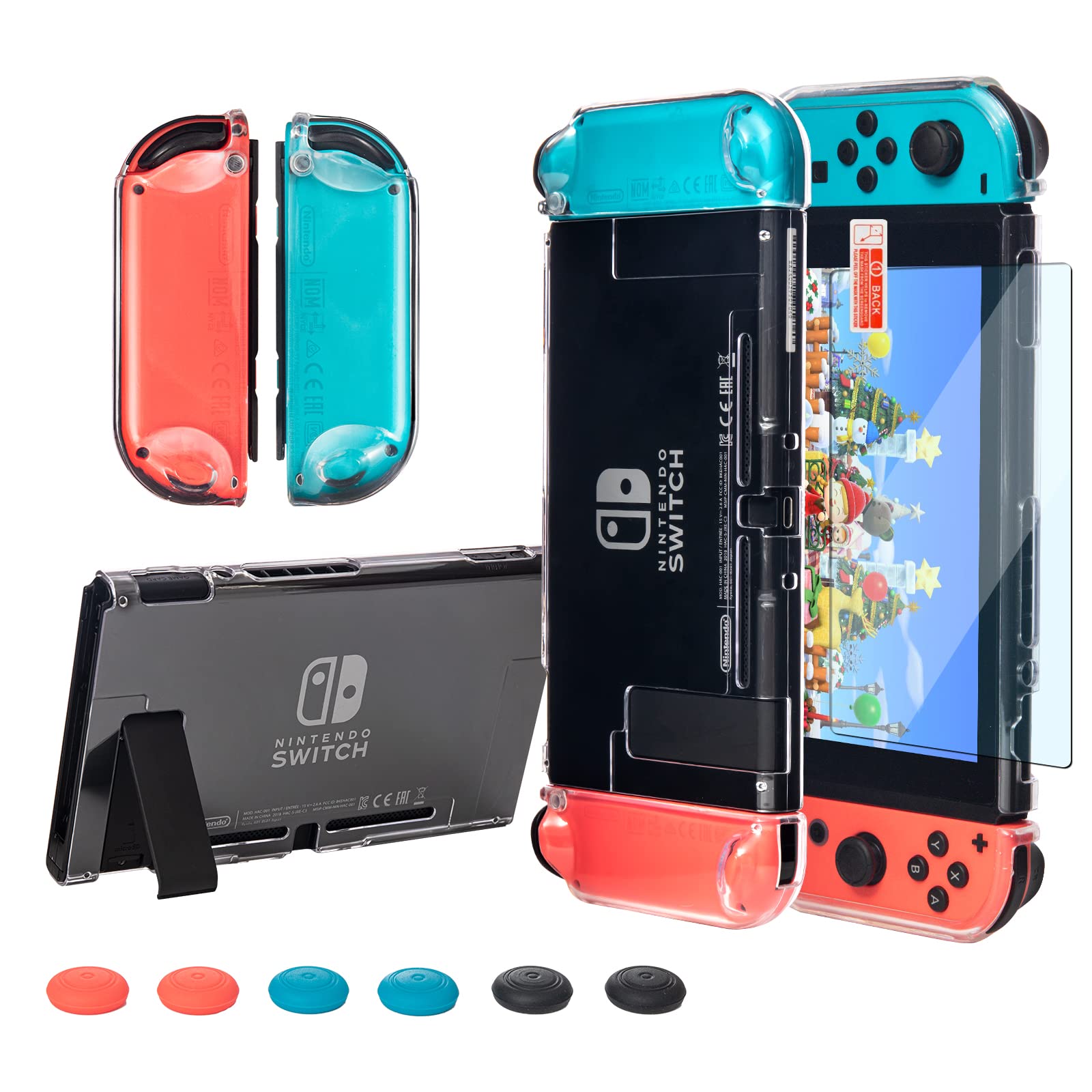 Switch Clear Case, Dockable Protective Hard Cover Case for Nintendo Switch and Soft TPU Grip Case for Joy-Con with Tempered Glass Screen Protector and Thumb Stick Caps (NOT for Switch OLED)