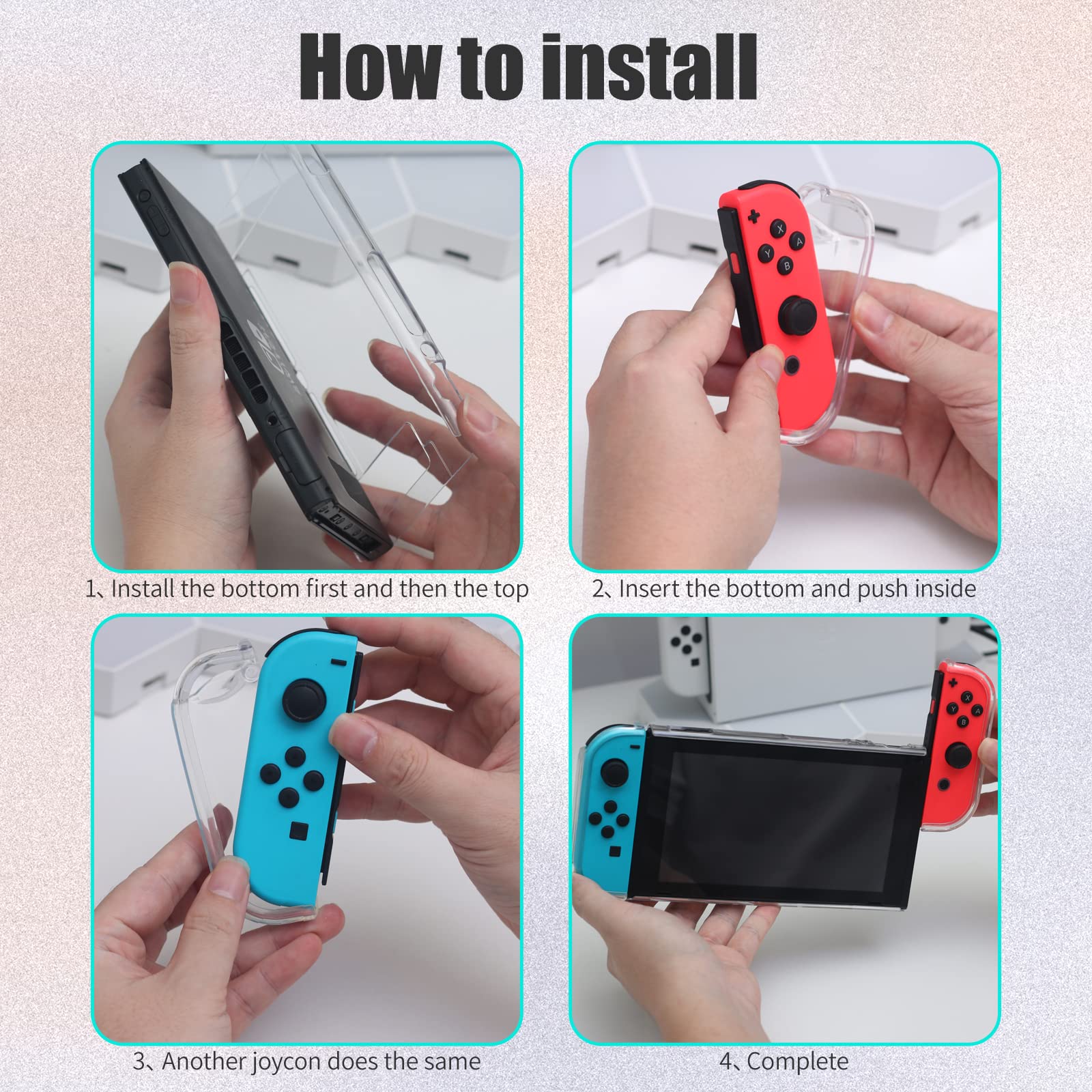 Switch Clear Case, Dockable Protective Hard Cover Case for Nintendo Switch and Soft TPU Grip Case for Joy-Con with Tempered Glass Screen Protector and Thumb Stick Caps (NOT for Switch OLED)