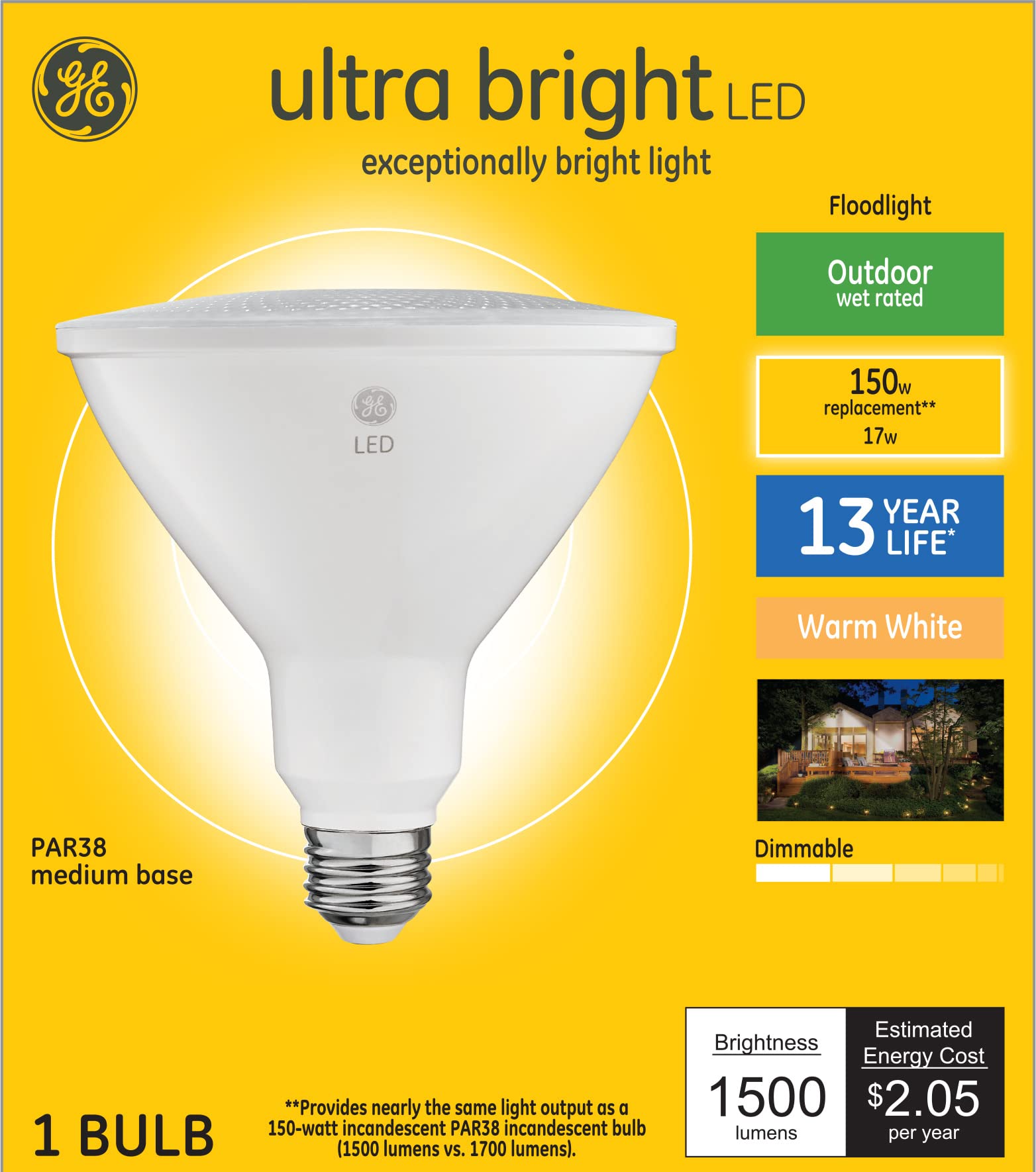 GE Ultra Bright LED Light Bulb, 150 Watt, Warm White, PAR38 Outdoor Floodlight