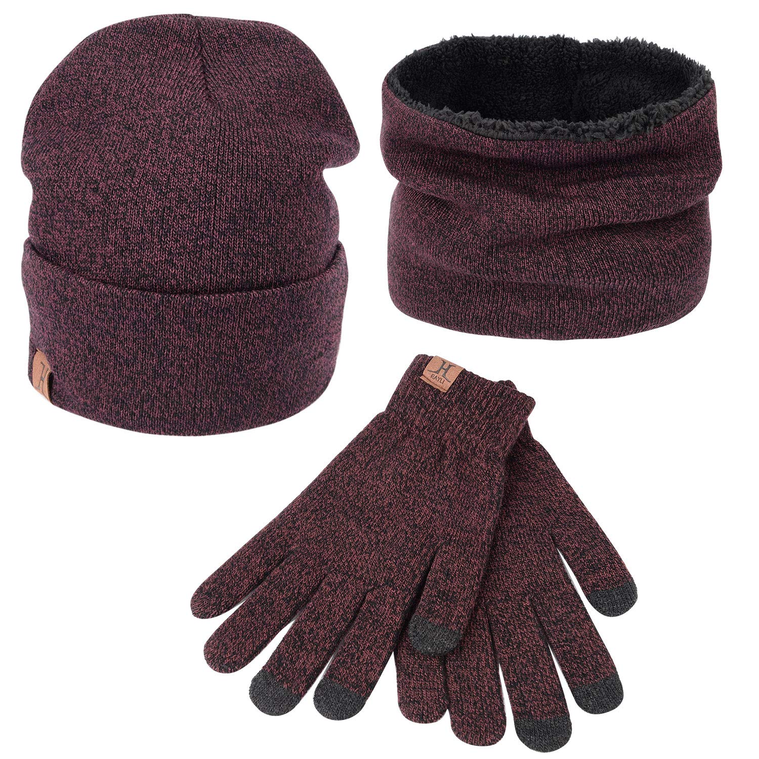 MAYLISACC Winter Hat Scarf and Glove Set for Women, Wine Red Warm Ladies Beanies Loop Scarves and Touchscreen Gloves