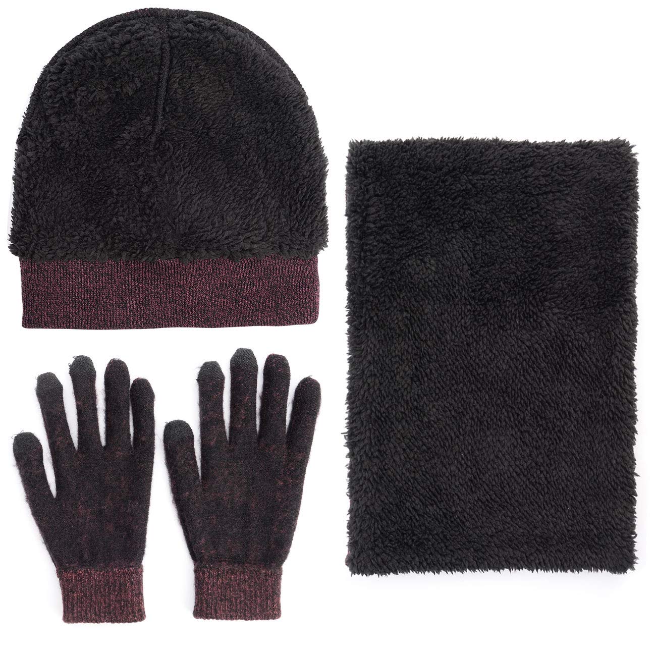 MAYLISACC Winter Hat Scarf and Glove Set for Women, Wine Red Warm Ladies Beanies Loop Scarves and Touchscreen Gloves