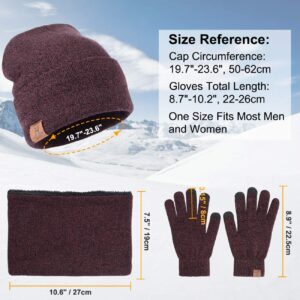 MAYLISACC Winter Hat Scarf and Glove Set for Women, Wine Red Warm Ladies Beanies Loop Scarves and Touchscreen Gloves