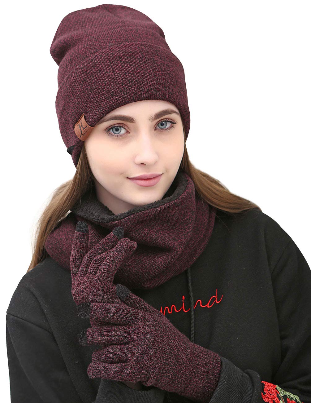 MAYLISACC Winter Hat Scarf and Glove Set for Women, Wine Red Warm Ladies Beanies Loop Scarves and Touchscreen Gloves