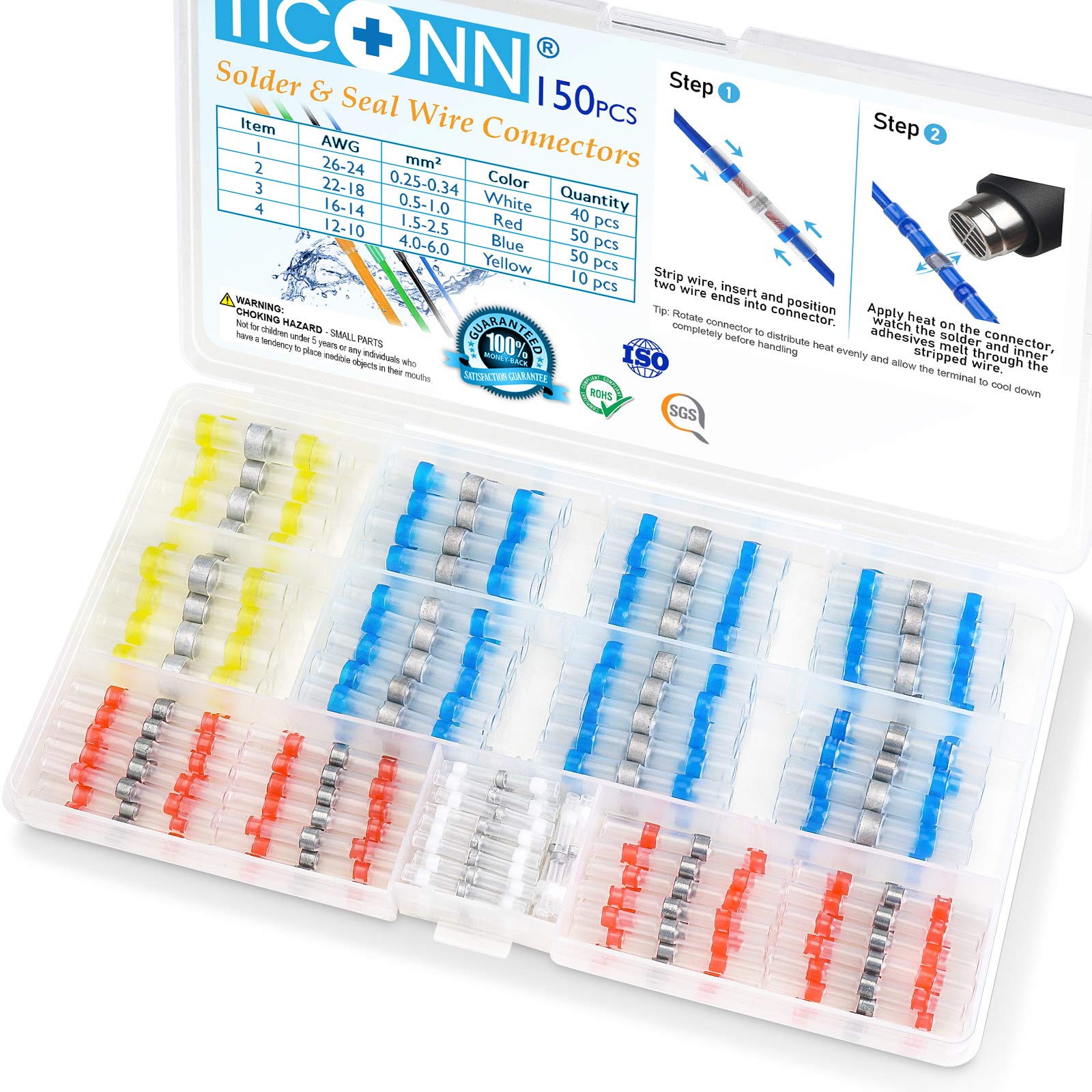 TICONN 150 PCS Solder Seal Wire Connectors, Heat Shrink Butt Connectors, Waterproof and Insulated Electrical Wire Terminals, Butt Splice (150PCS)