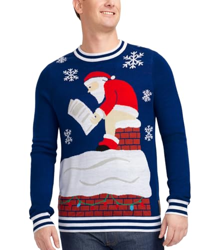 Tipsy Elves Men's Blue Santa Log on The Fire Ugly Christmas Sweater Size Small