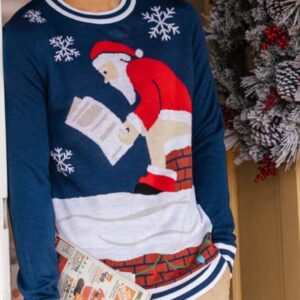 Tipsy Elves Men's Blue Santa Log on The Fire Ugly Christmas Sweater Size Small