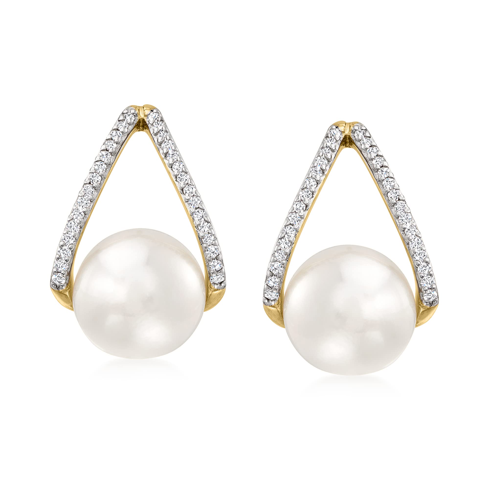 Ross-Simons 8-8.5mm Cultured Pearl and .12 ct. t.w. Diamond Drop Earrings in 14kt Yellow Gold