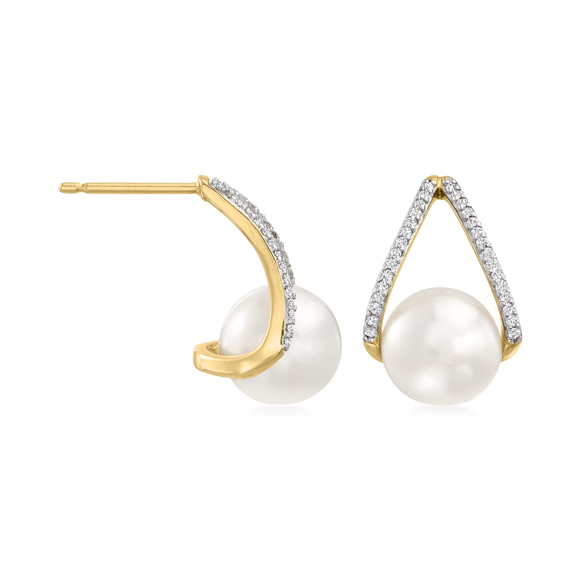 Ross-Simons 8-8.5mm Cultured Pearl and .12 ct. t.w. Diamond Drop Earrings in 14kt Yellow Gold