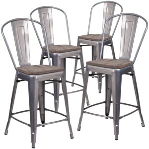 Flash Furniture Lincoln 4 Pk. 24" High Clear Coated Counter Height Stool with Back and Wood Seat