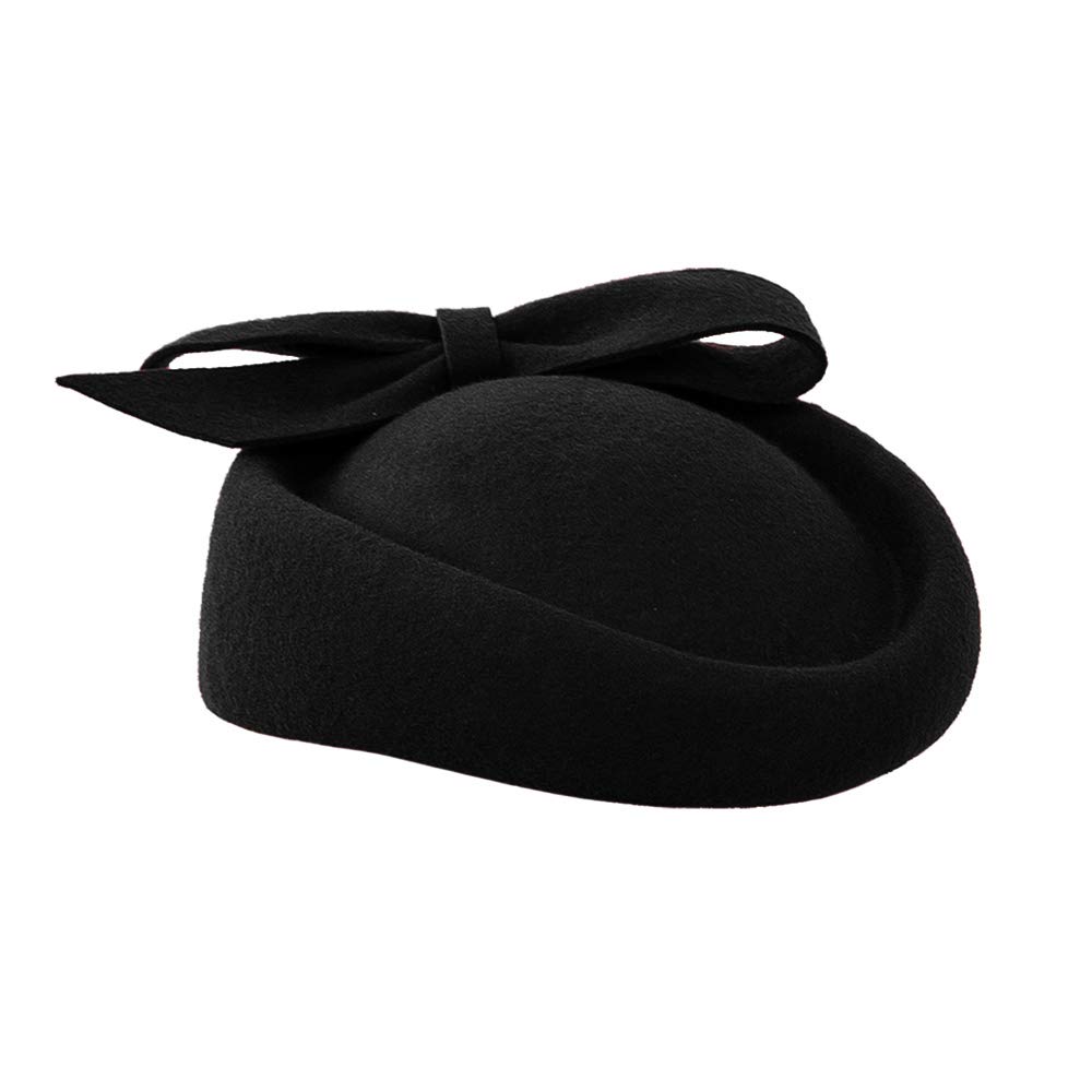 F FADVES British Style Pillbox Hat Retro Wool Fascinator Wedding Derby Church Party Hats Black