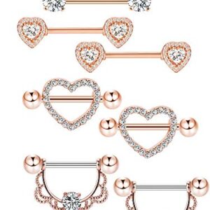 4 Pairs Stainless Steel Nipple Rings Tongue Ring Piercing Body Jewelry Barbell CZ Heart Shape Rings for Women (Rose Gold Bar and White Zirconia)