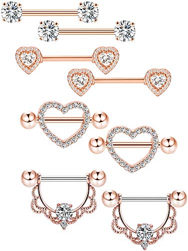 4 Pairs Stainless Steel Nipple Rings Tongue Ring Piercing Body Jewelry Barbell CZ Heart Shape Rings for Women (Rose Gold Bar and White Zirconia)